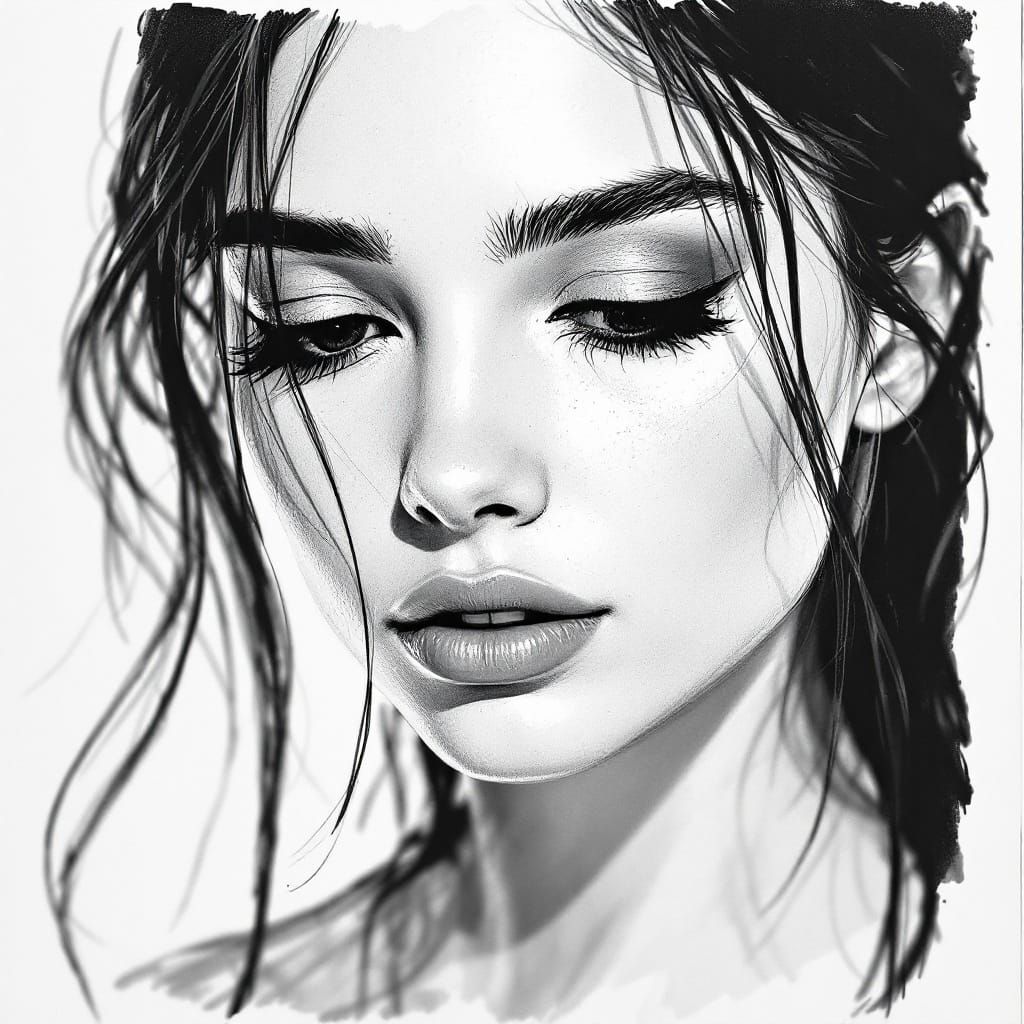 Black and white sketch-style portrait of a young woman. The artwork features a close-up of her face, capturing a contemp...