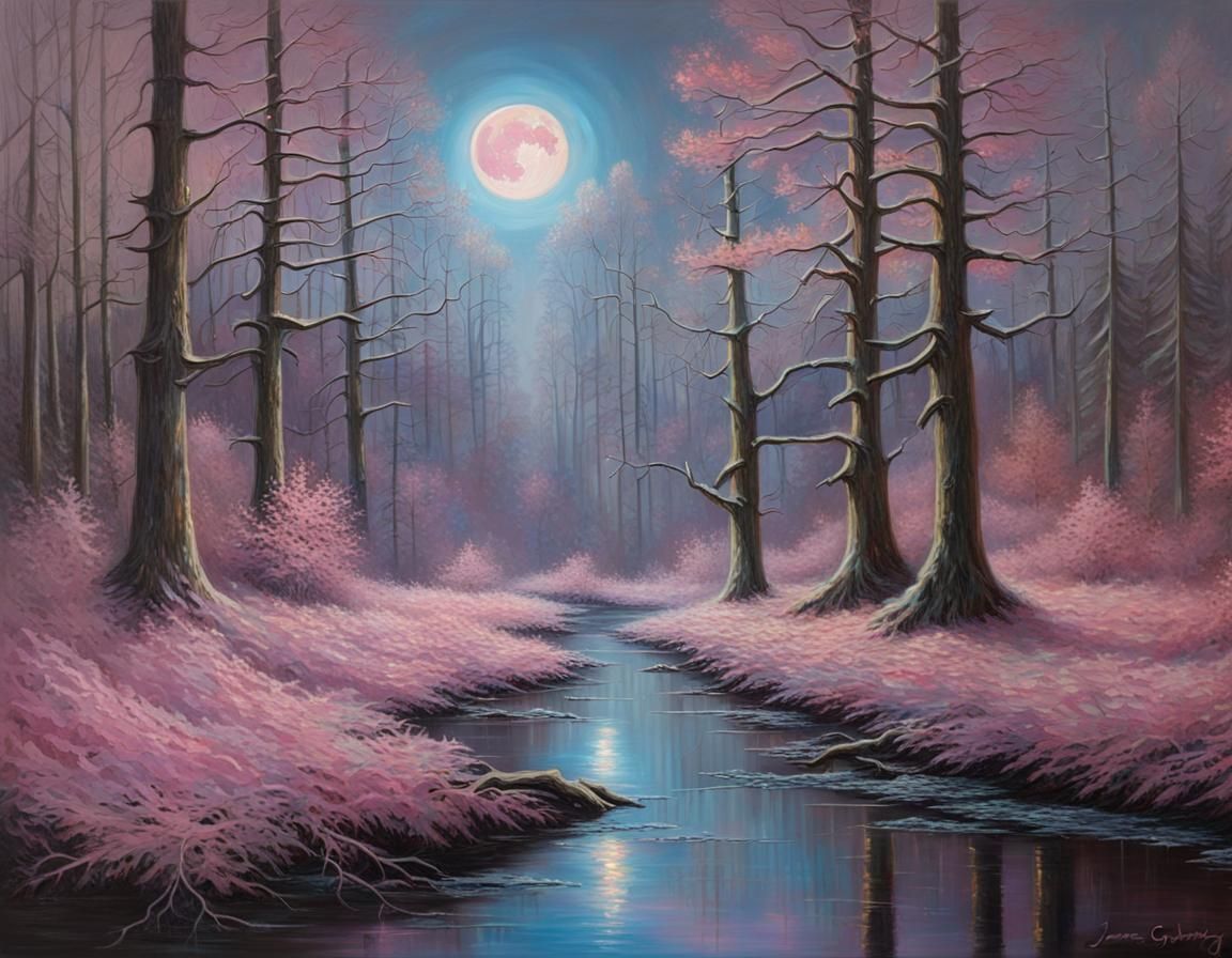 Holographic Winter Forest with Pink Moon