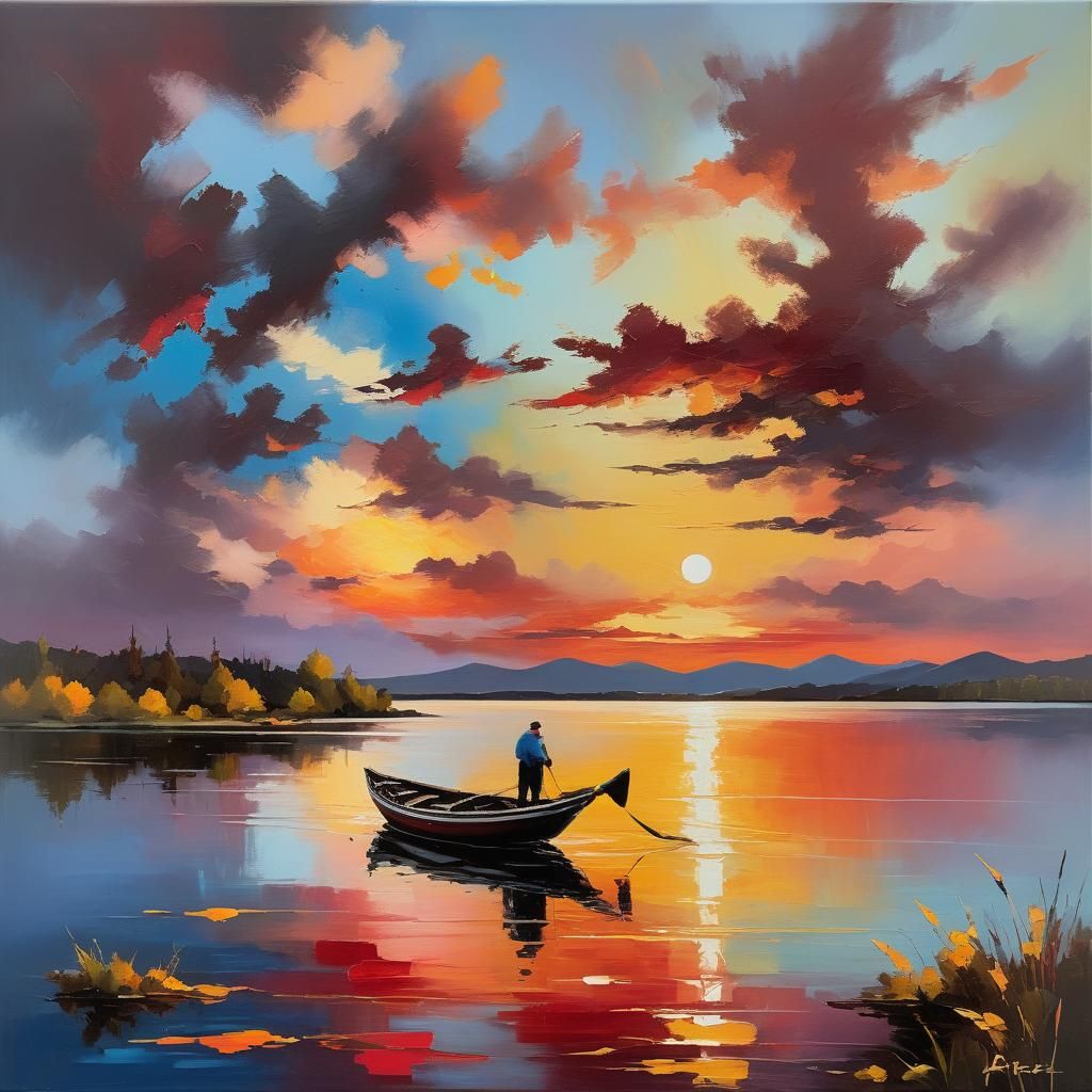 Lakeside Sunset in Impressionistic Oil Painting Style