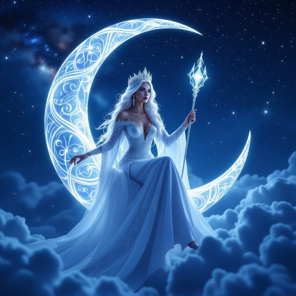 Majestic Queen on Moon Throne in Cosmic Kingdom
