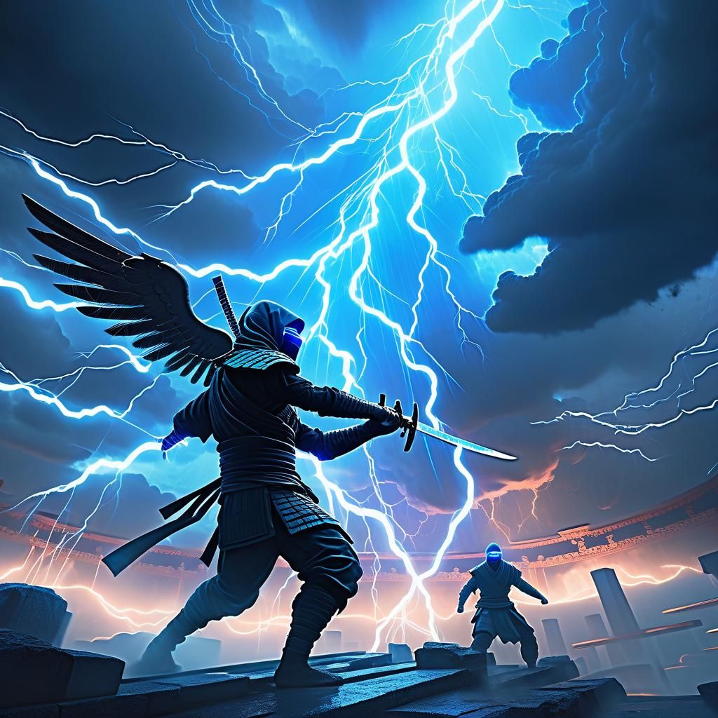 Ninja Versus Angel in Stormy Astral Realm