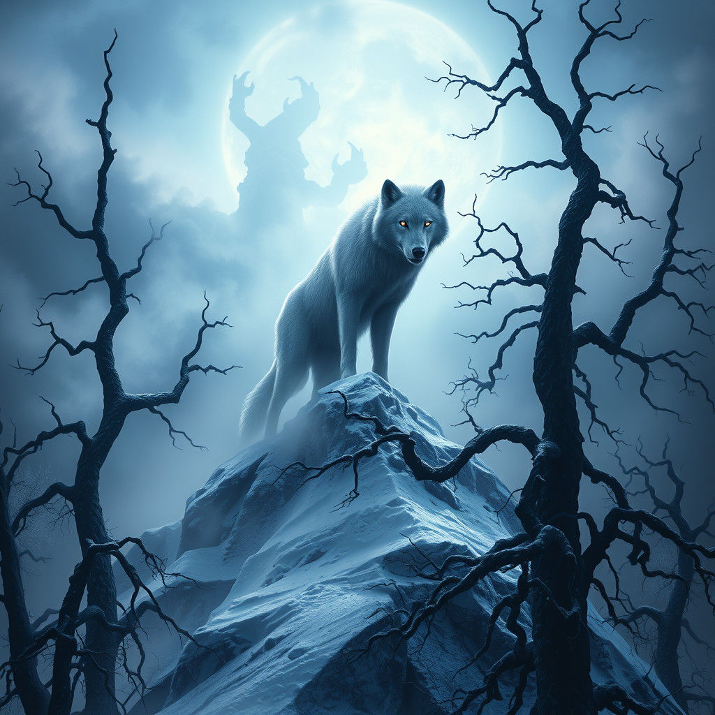 Eerie Snow Wolf on Frozen Peak in Beksiński Style