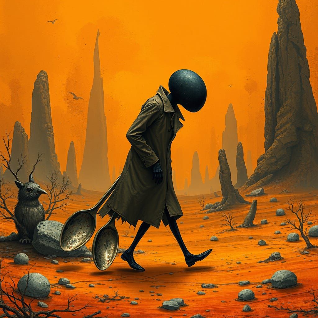 Surreal Spoonman in Orange Marmalade Landscape