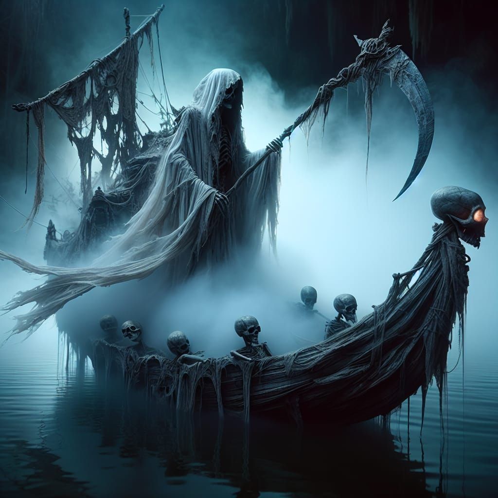 Eerie Spectral Figure Guides Skeletal Boat on Misty Lake
