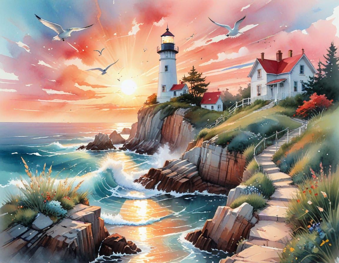 Coastal Lighthouse at Dawn, Watercolor and Ink