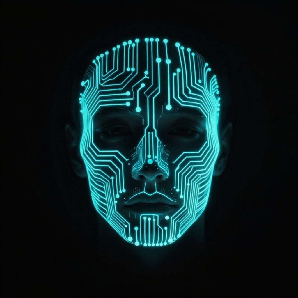Glowing Cyan Circuitry Portrait in Stark Minimalism