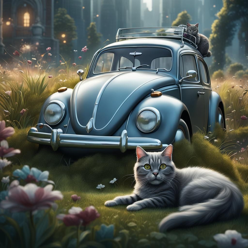 Grey Cat and Silver Beetle: Detailed Matte Painting