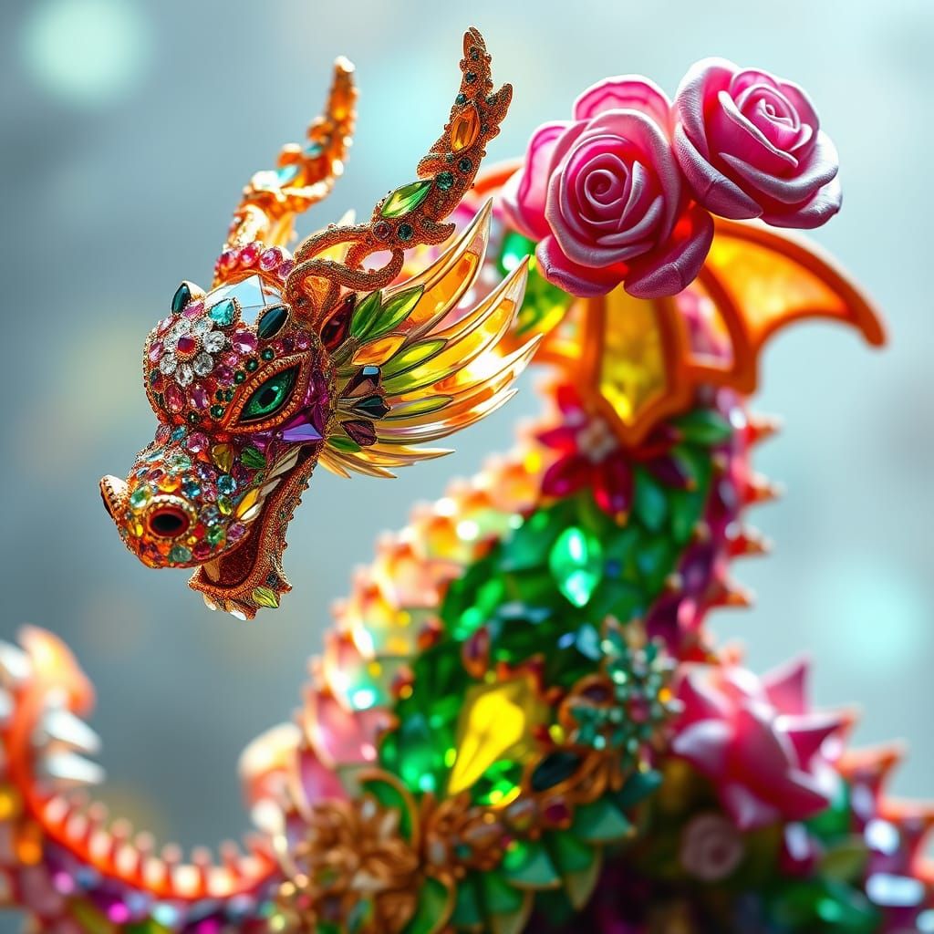 Gemstone Dragon with Crystallized Roses in Iridescent Style