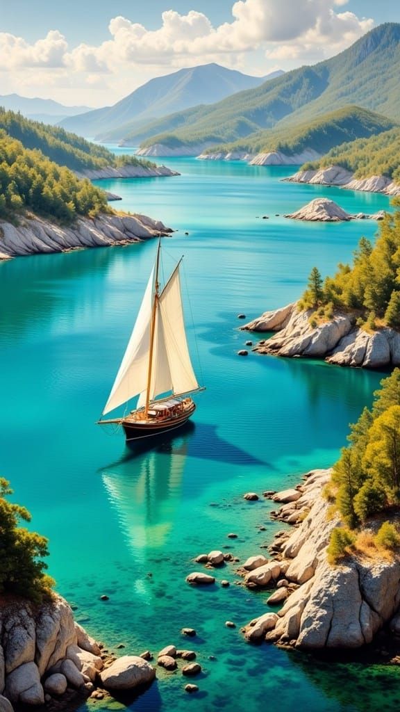 Majestic Sailing Vessel in Serene Ocean Bay