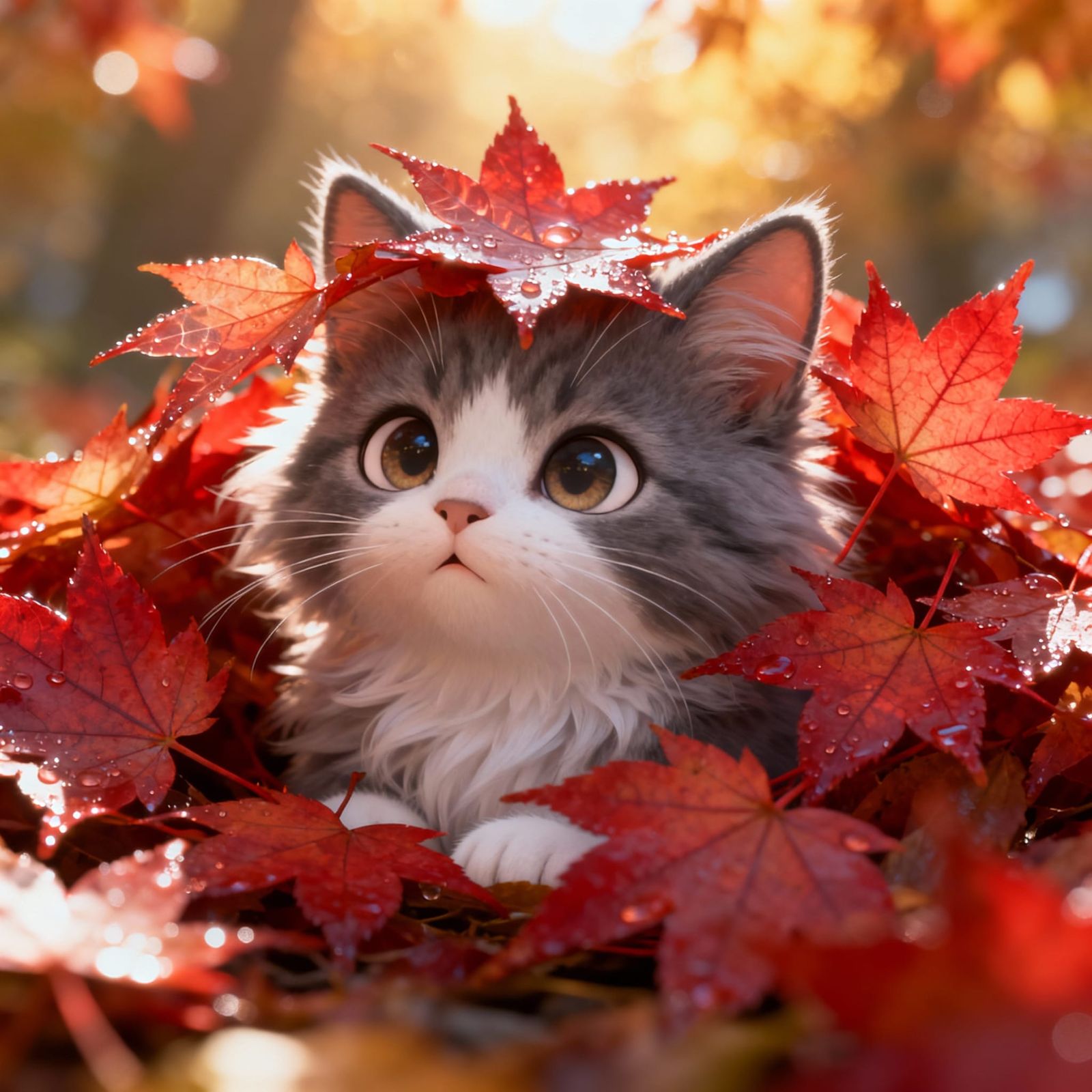 Adorable Kitten Peeking from Red Maple Leaves in 3D Anime St...