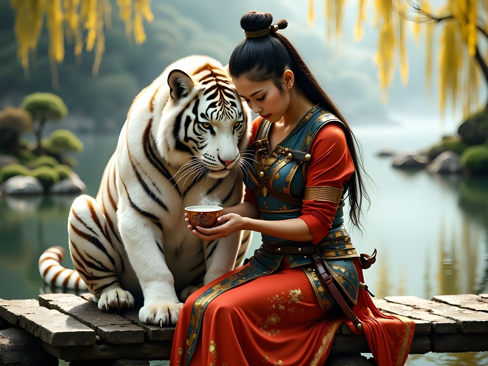 Samurai and White Tiger Share Tea in Serene Pond Scene