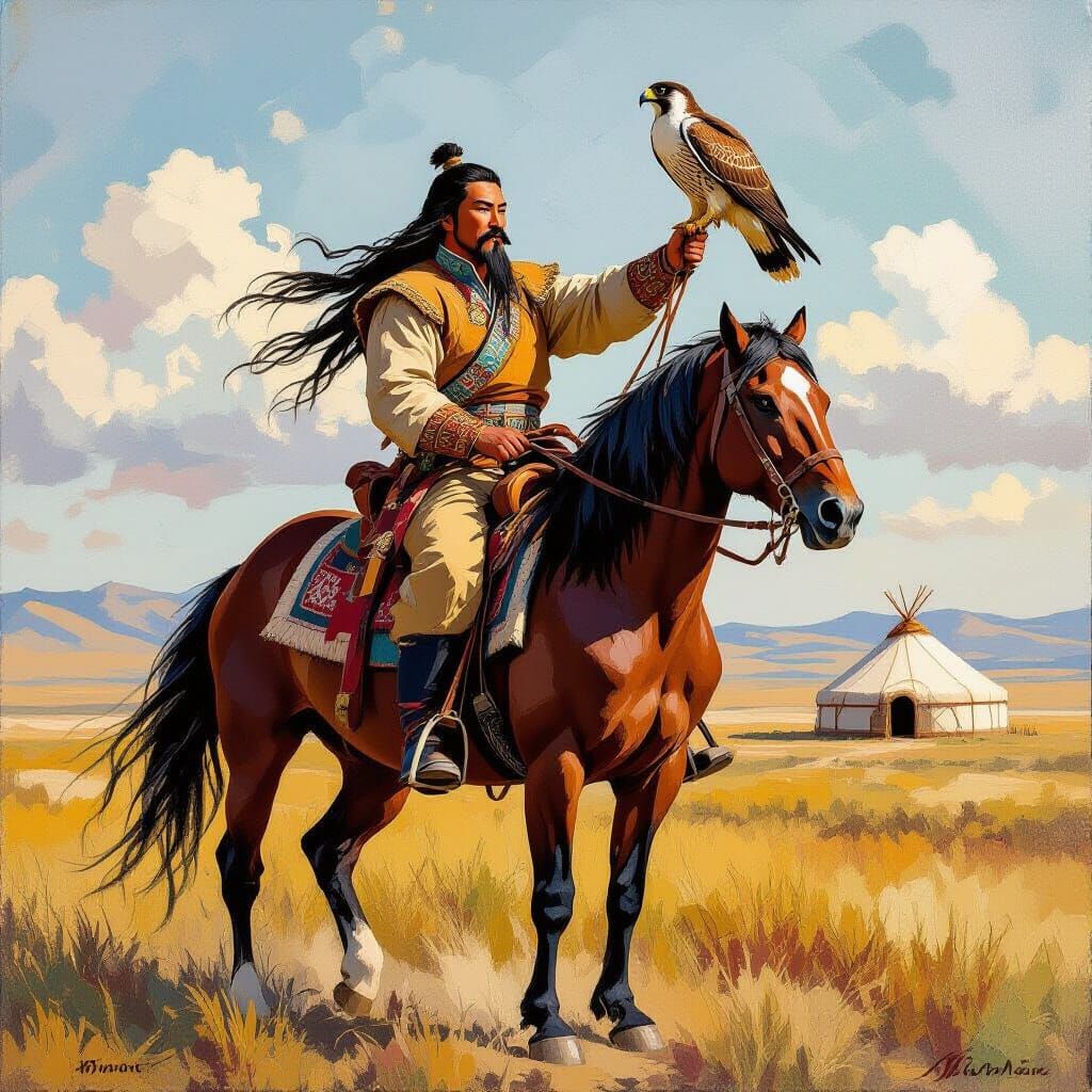 Mongolian Rider with Falcon: Mosaic Impasto Art