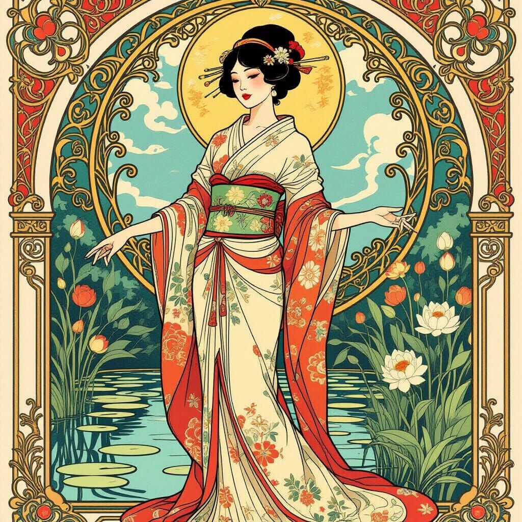 Elegant Woman in Art Nouveau and Pop Art Fusion