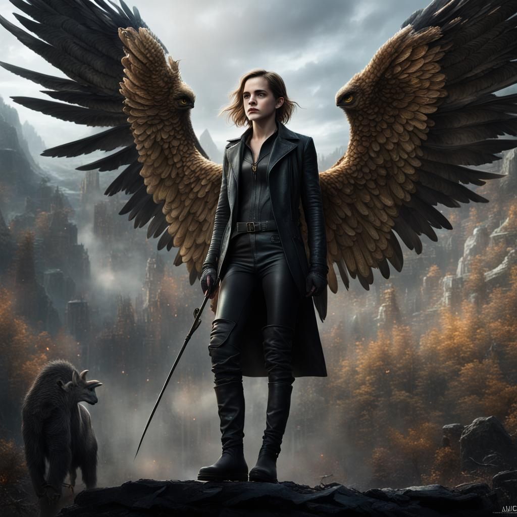 Winged Angel Stands Before Mysterious Beast in Dark Fantasy...