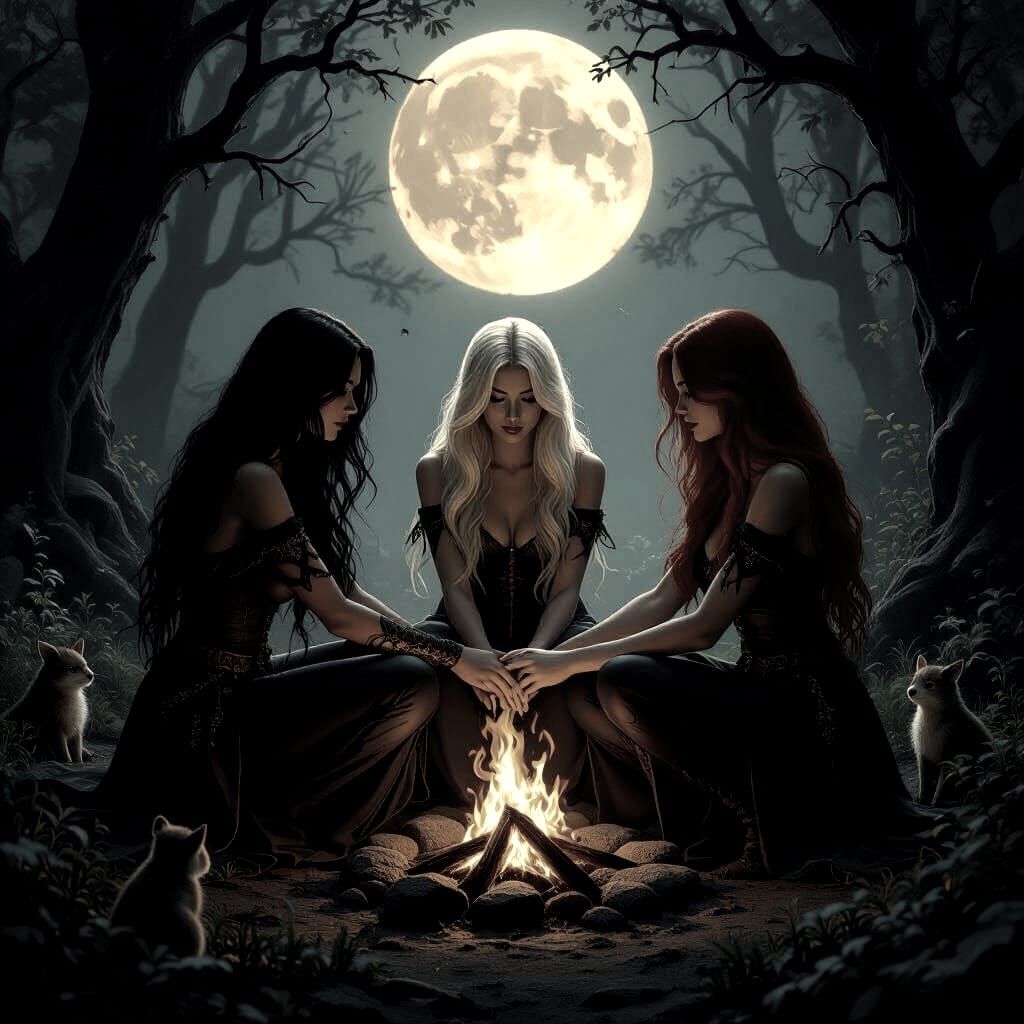 Mystical Women Circle Fire in Moonlit Forest