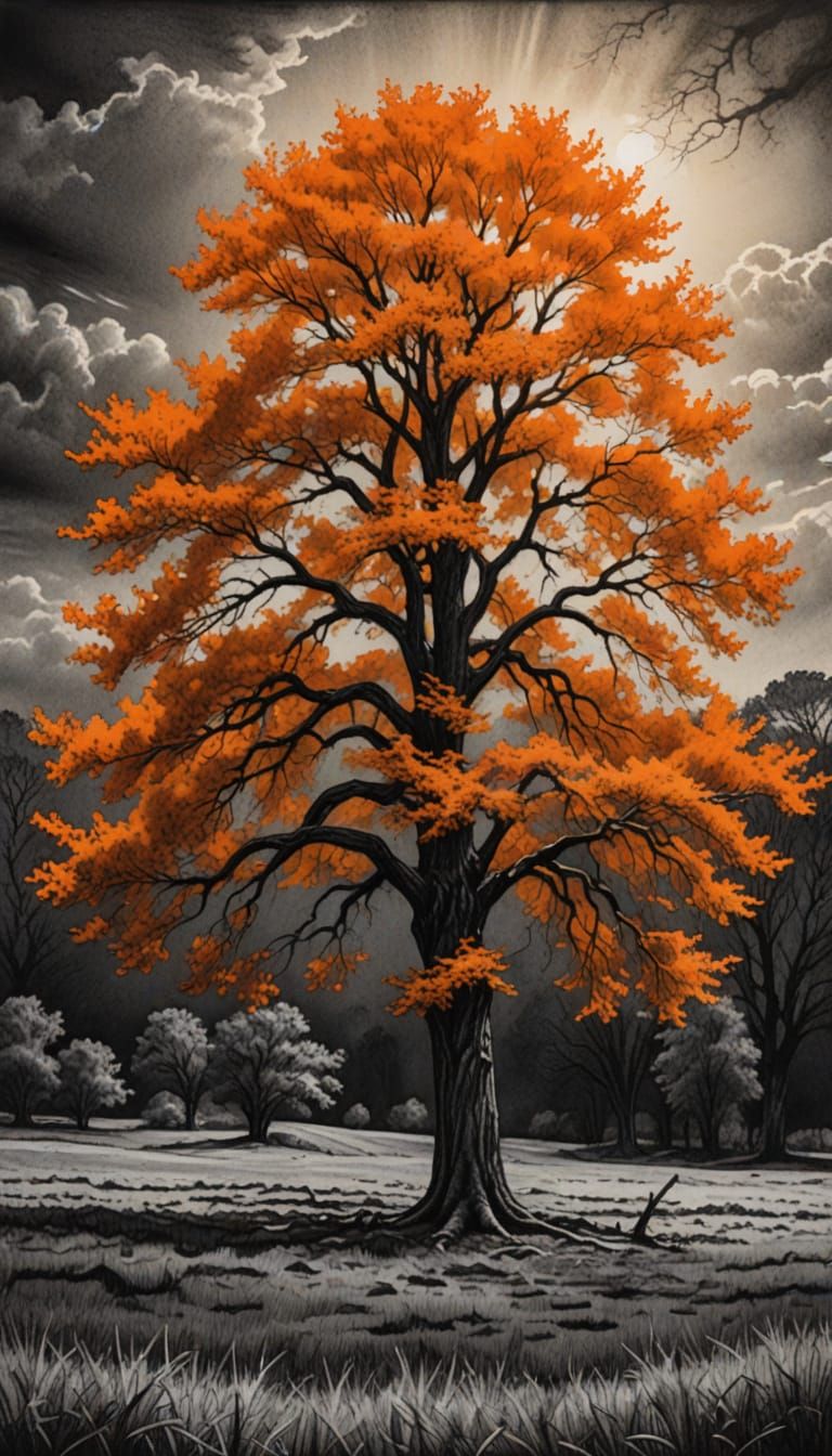 Hyperdetailed Charcoal Drawing of a Stark Tree Silhouette