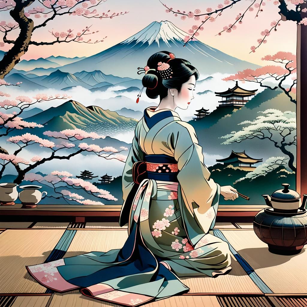 Geisha at Tea Ceremony in Ukiyo-e Style