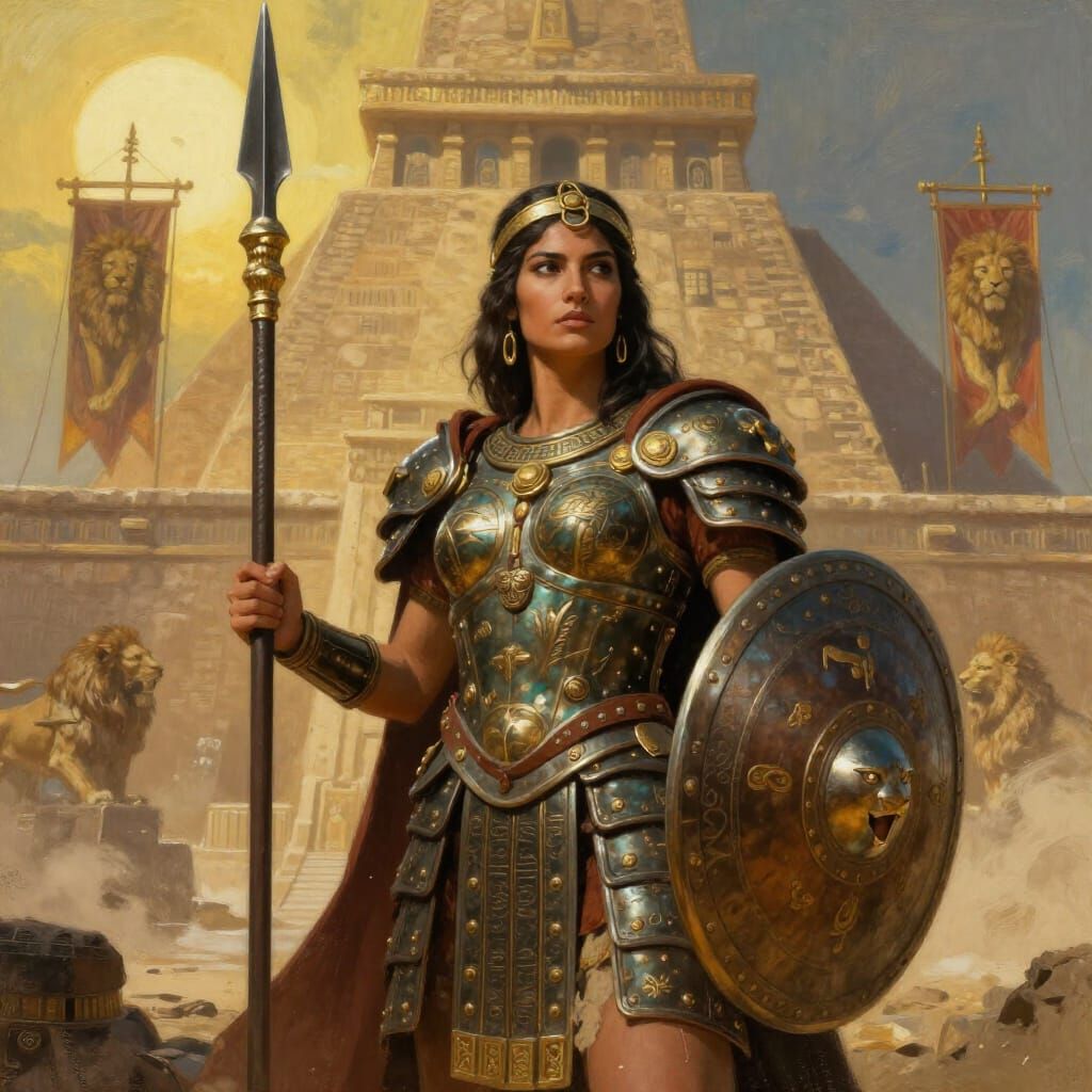 Akkadian Warrior Woman Before Ziggurat