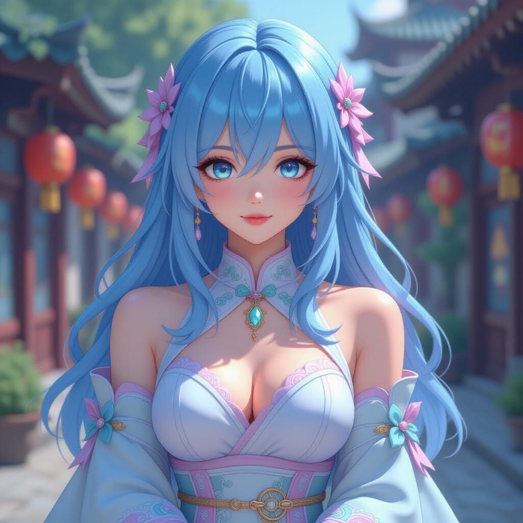 Anime Woman with Blue Hair, 3D Rendered