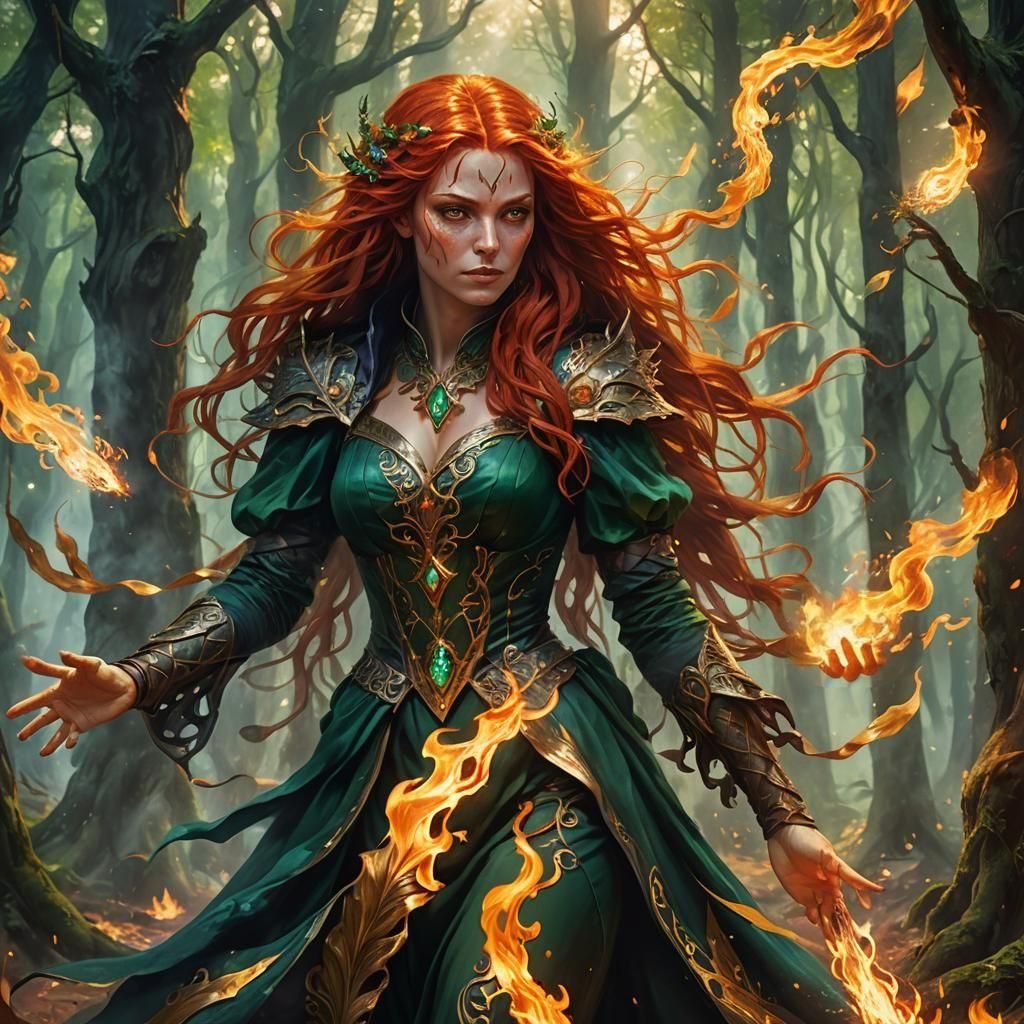 Enchanting Fire Sorceress with Fiery Red Hair