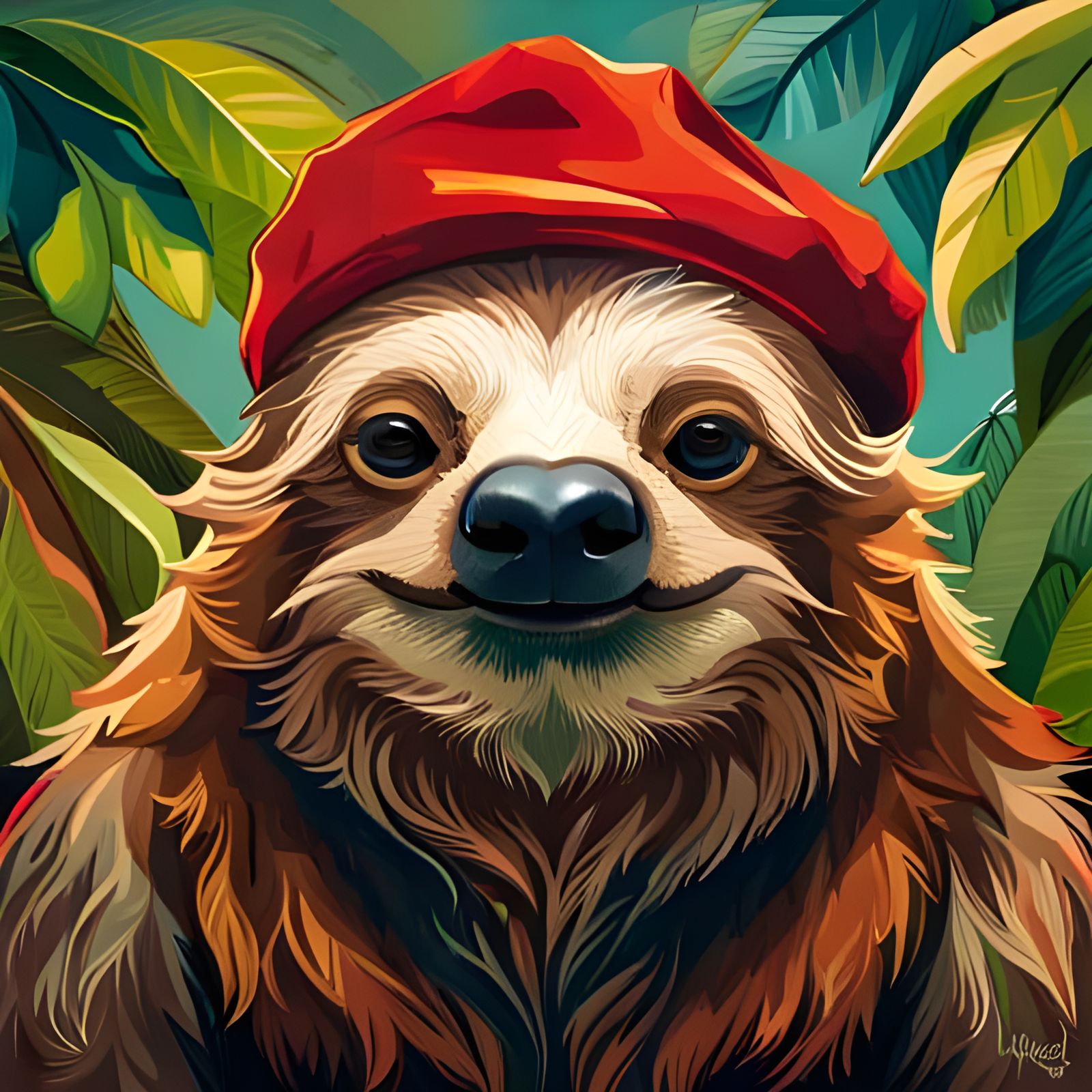 Happy Sloth Portrait in Jungle Landscape