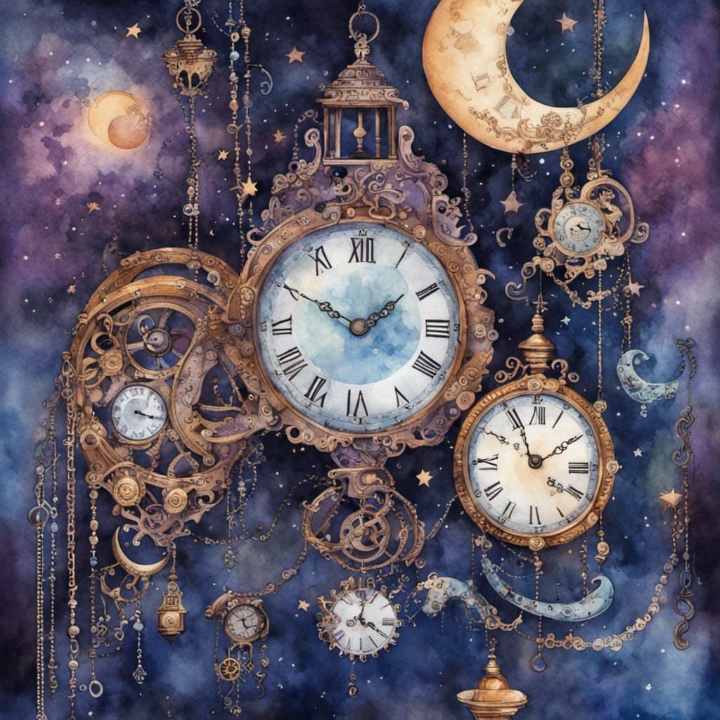 Ornate Clocks Dangling from Crescent Moon in Watercolor