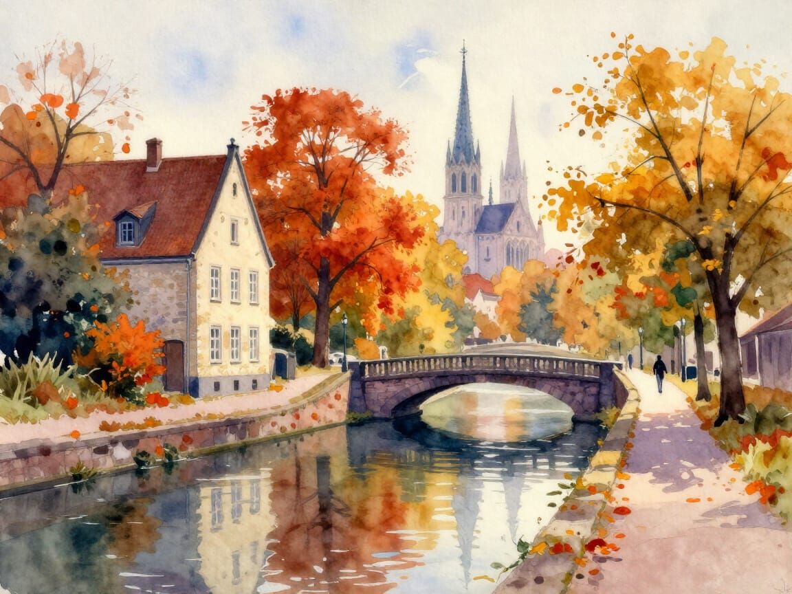 Idyllic Autumn Watercolor: European House and Canal