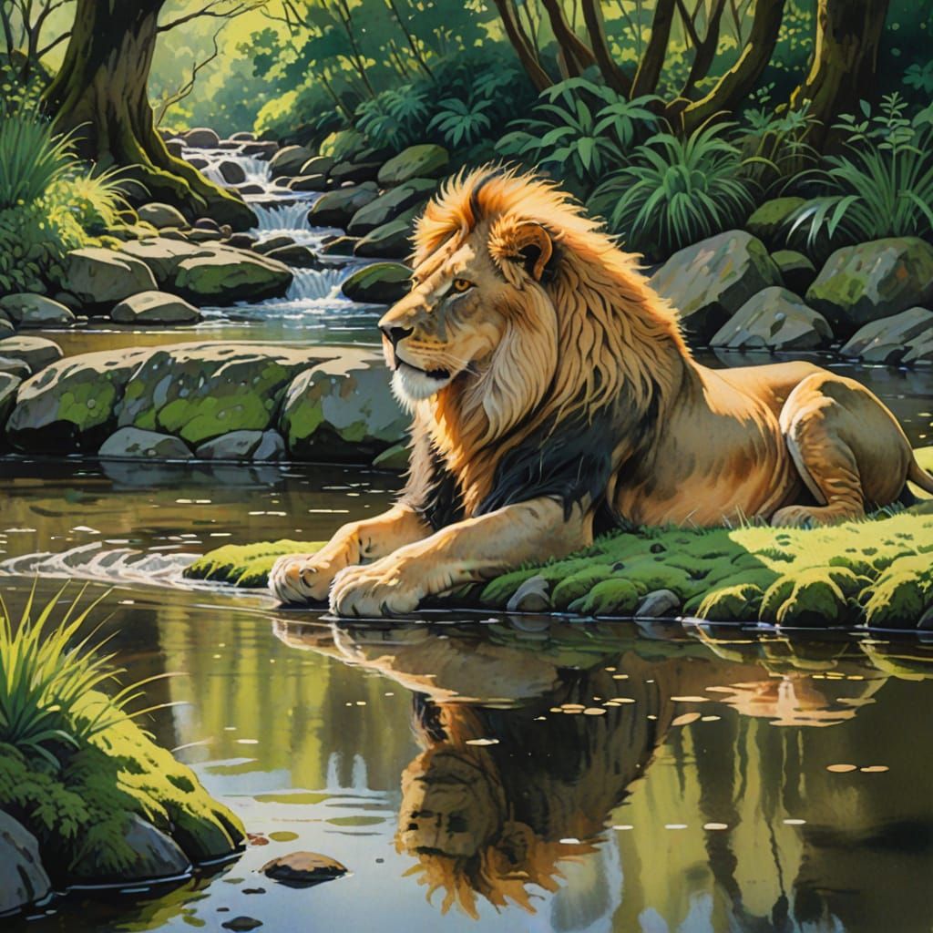 Lion Gazing at River in Ghibli Gouache Style