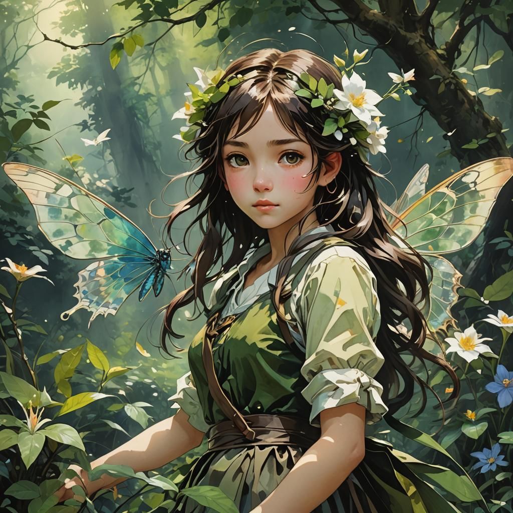 Detailed Fairy in Watercolor Splash Art
