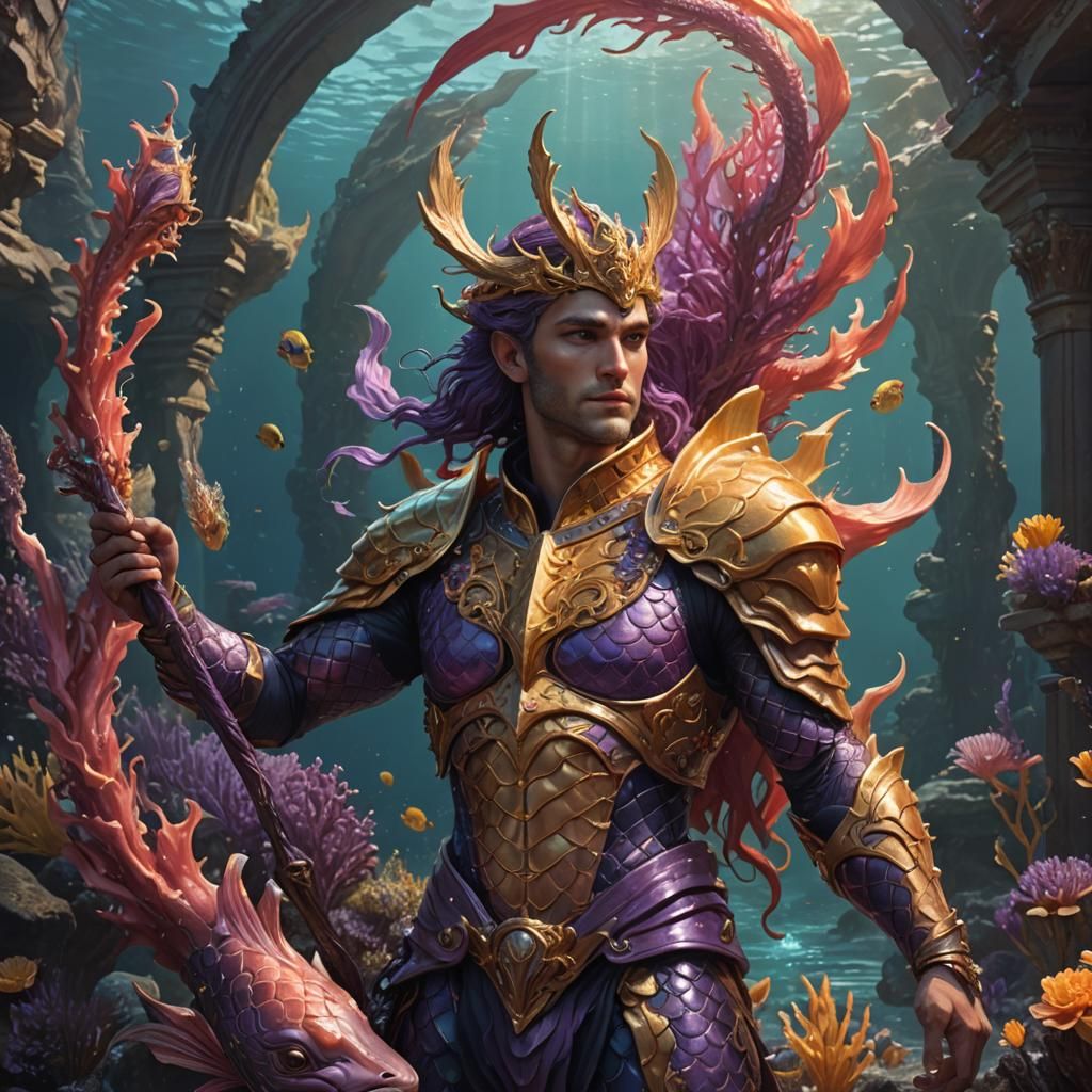 Merman in Coral Armor on Hippocampus