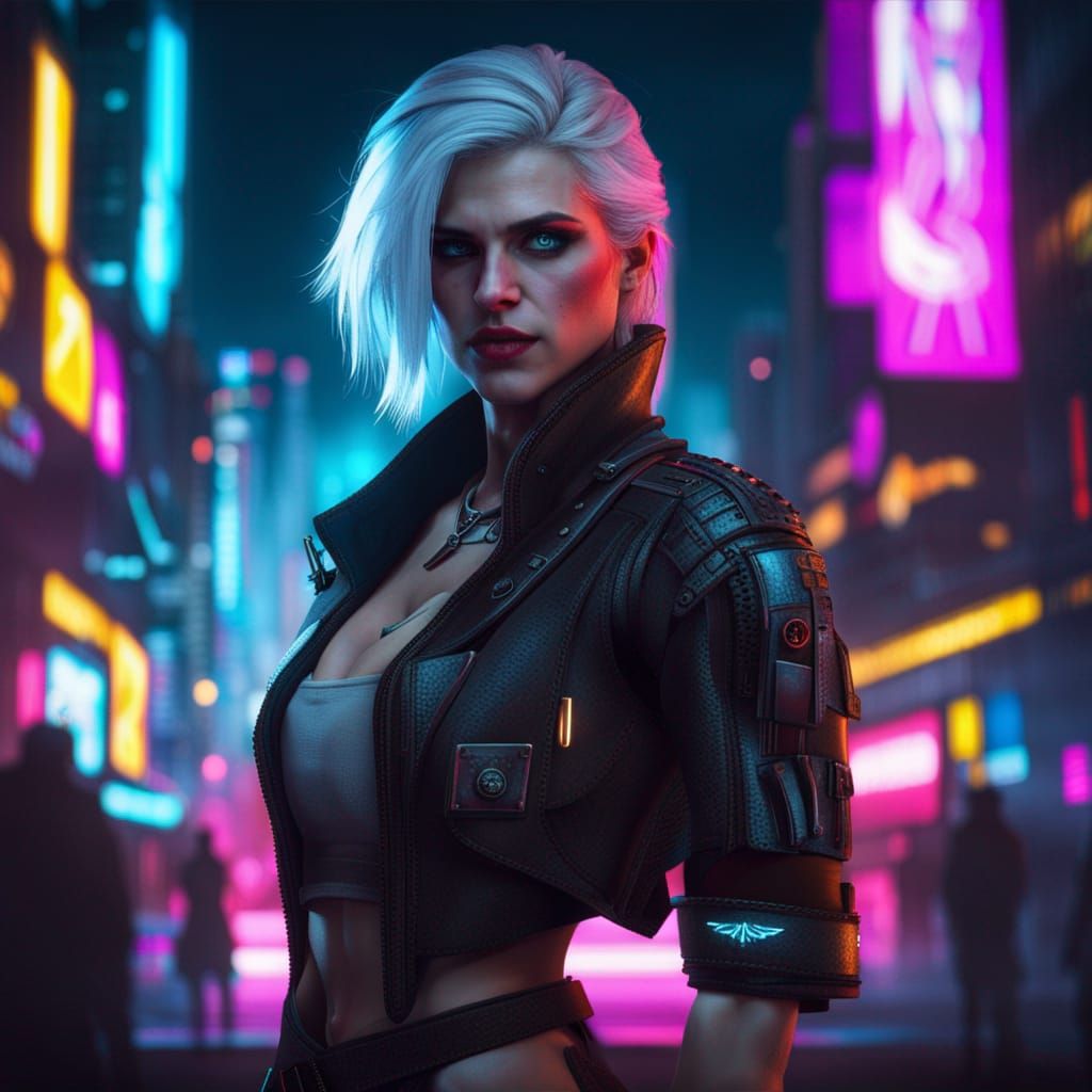 Cyberpunk Ciri Self-Portrait in Neon Cityscape