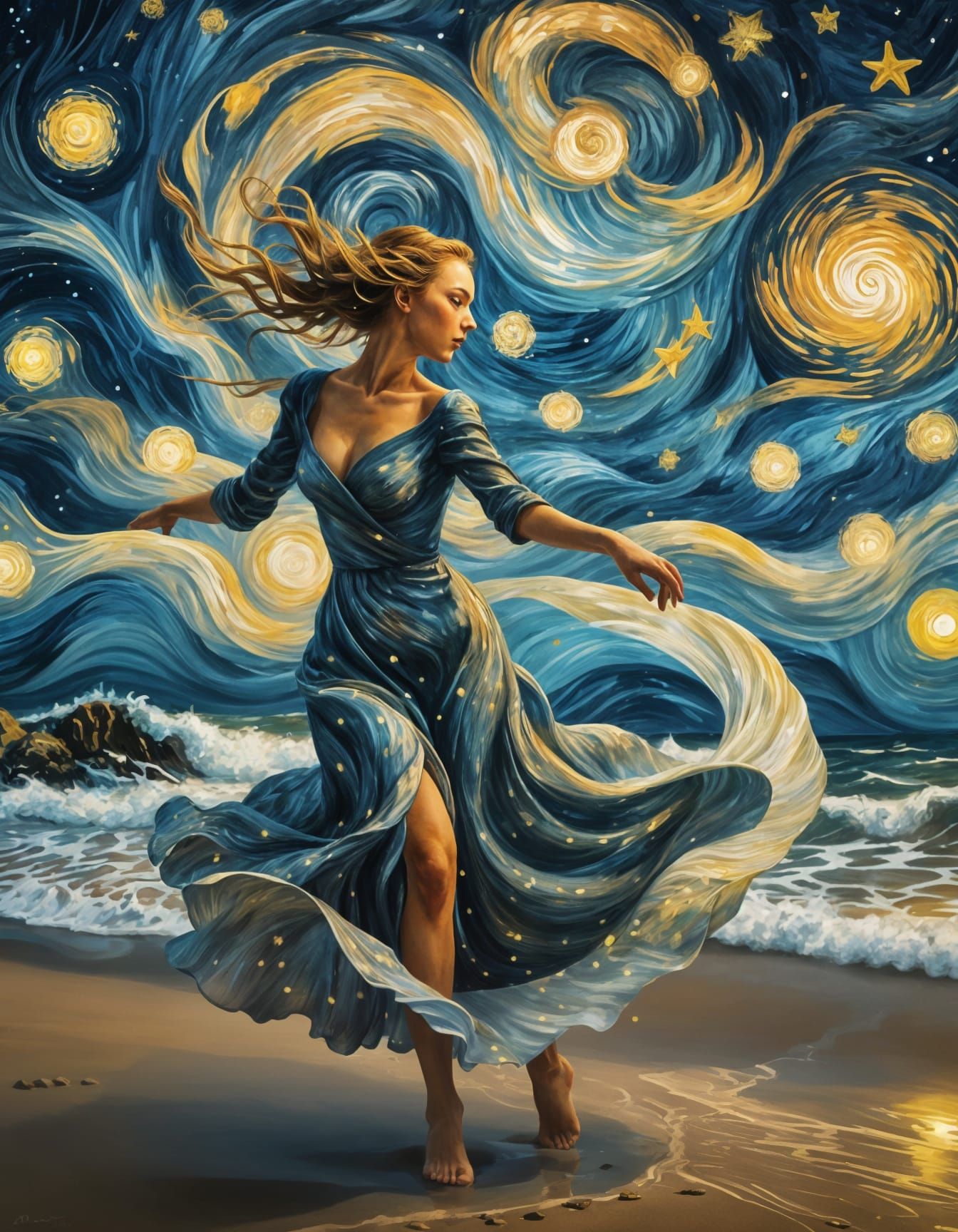 Dreamlike Beach Dance Under Swirling Starry Sky