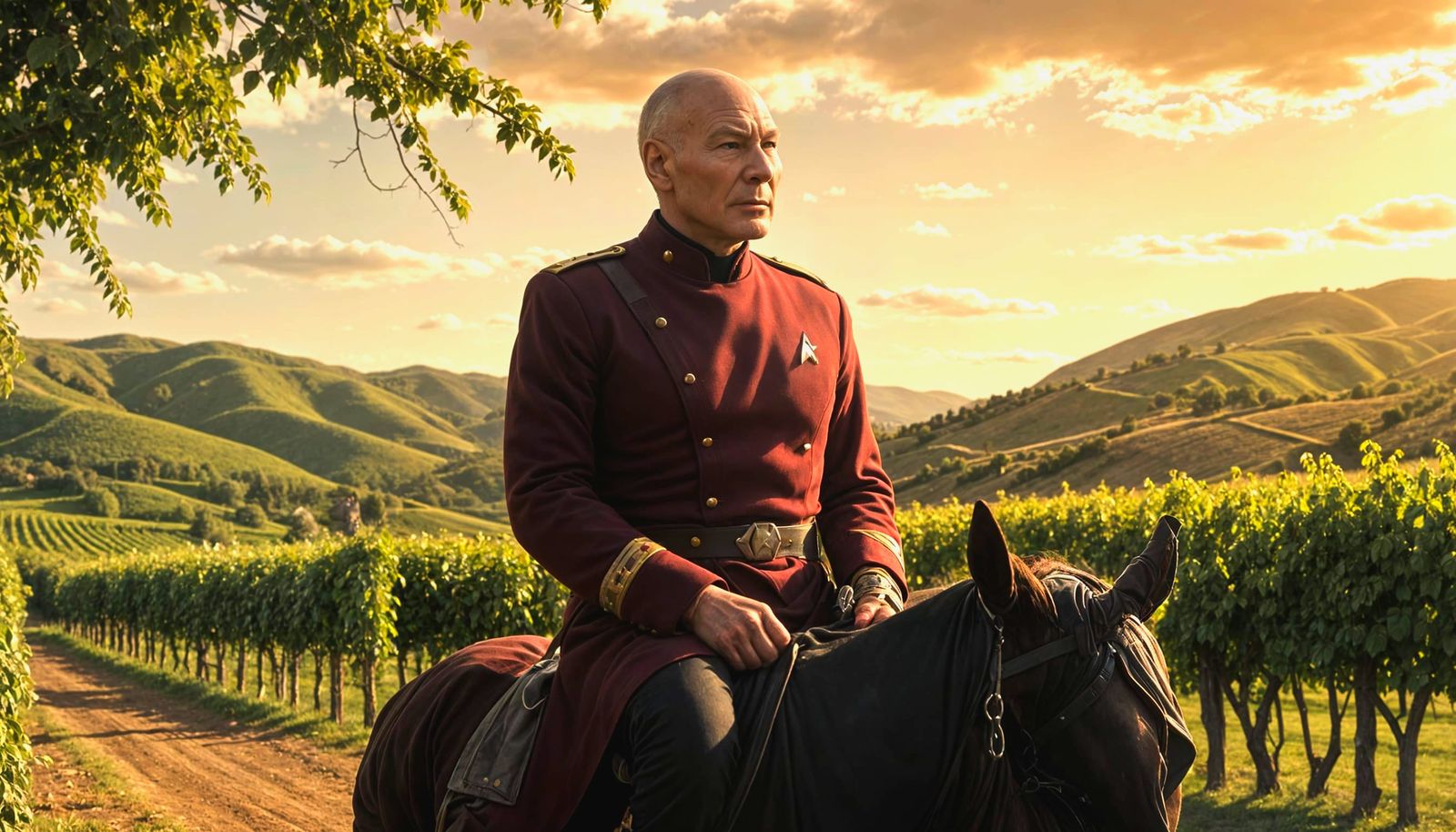 Patrick Stewart as Jean-Luc Picard in a Hilly Vineyard