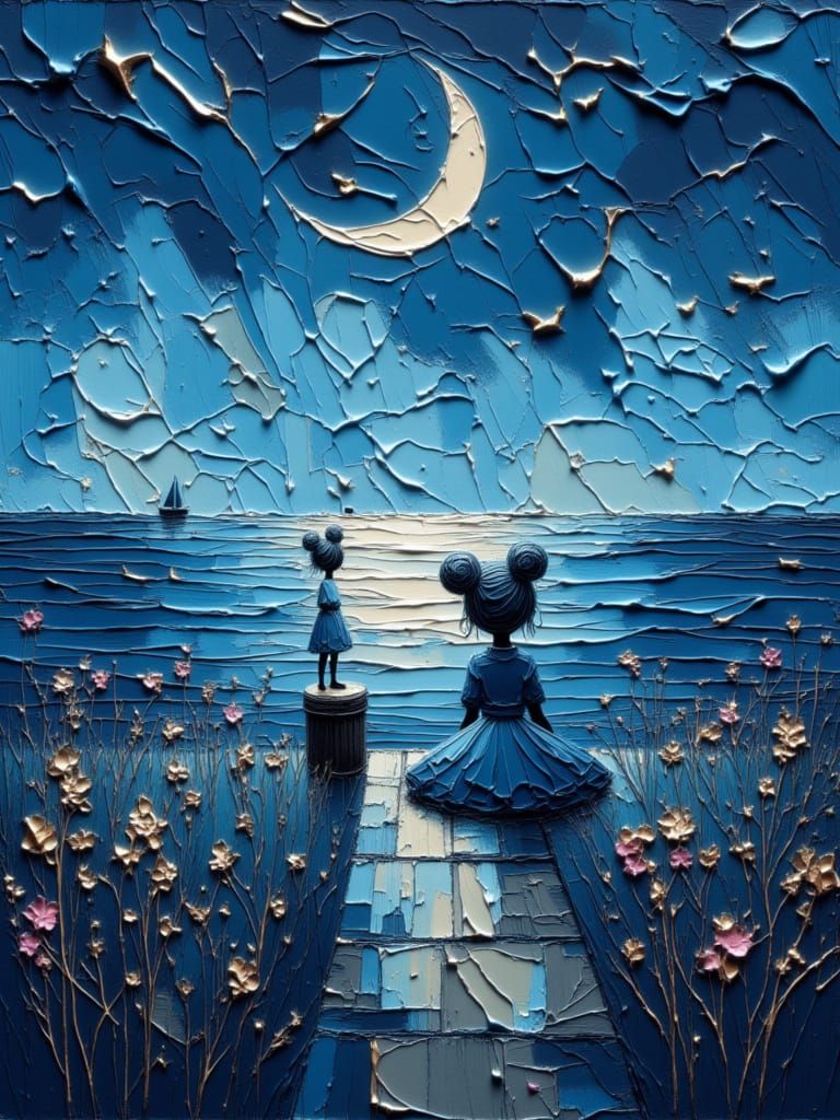 Moonlit Meadow with Impasto Texture in Blue Scene