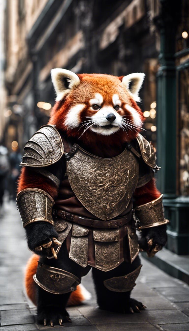Armored Red Panda Barbarian in Royal Market Street