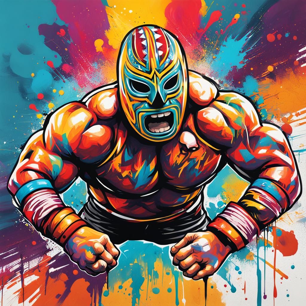 Luchador Jumps From Rope: Graffiti Splash Art
