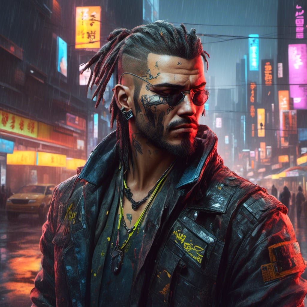 Cyberpunk Samurai Portrait in Neon Cityscape
