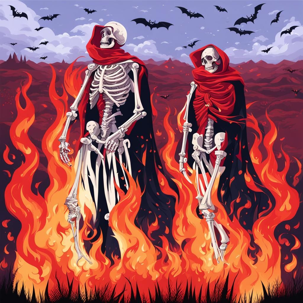 Witches Burning in Fire Under Red Moon