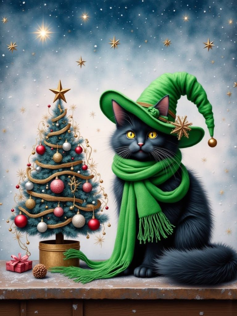 Victorian Christmas Cat in Witch Hat