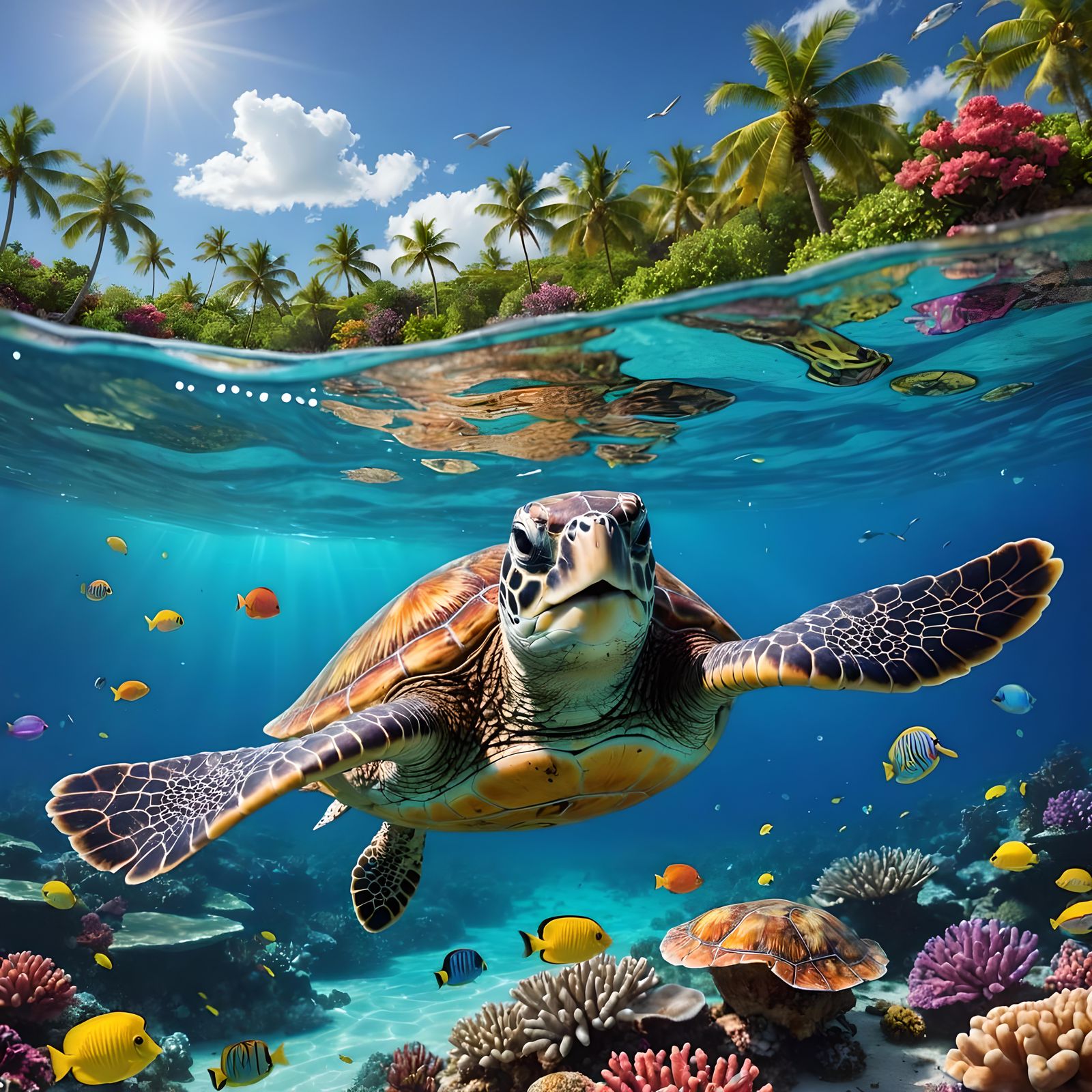 Sea Turtle in Caribbean Waters: Splash Art