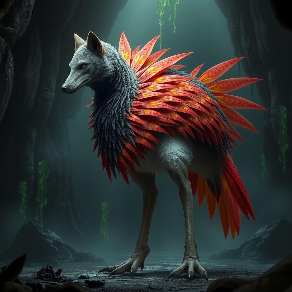 Mystical Wolf-Human-Ostrich Fusion in Glowing Cave