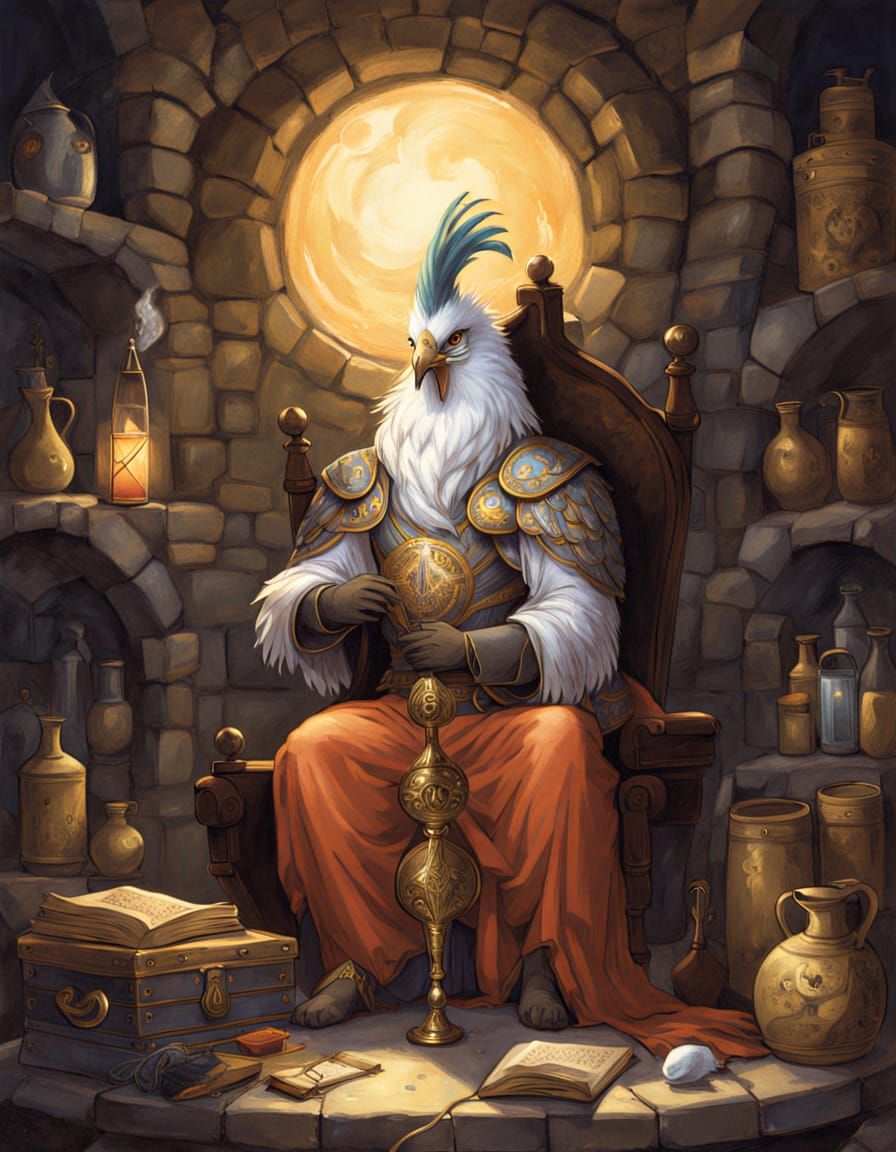 Fantasy Rooster Cleric Praying in Moonlight
