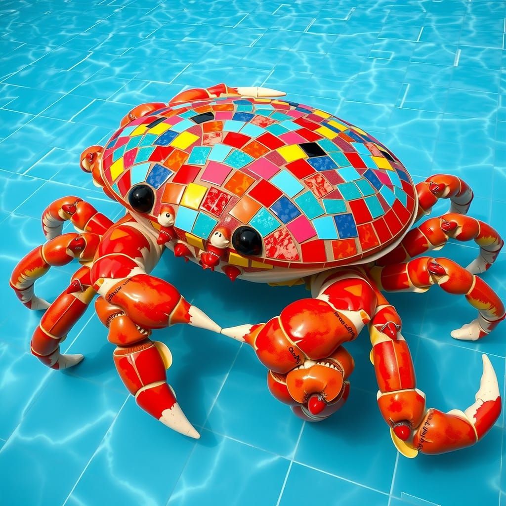 Giant Ceramic Crab Crawls Across Tiled Swimming Pool