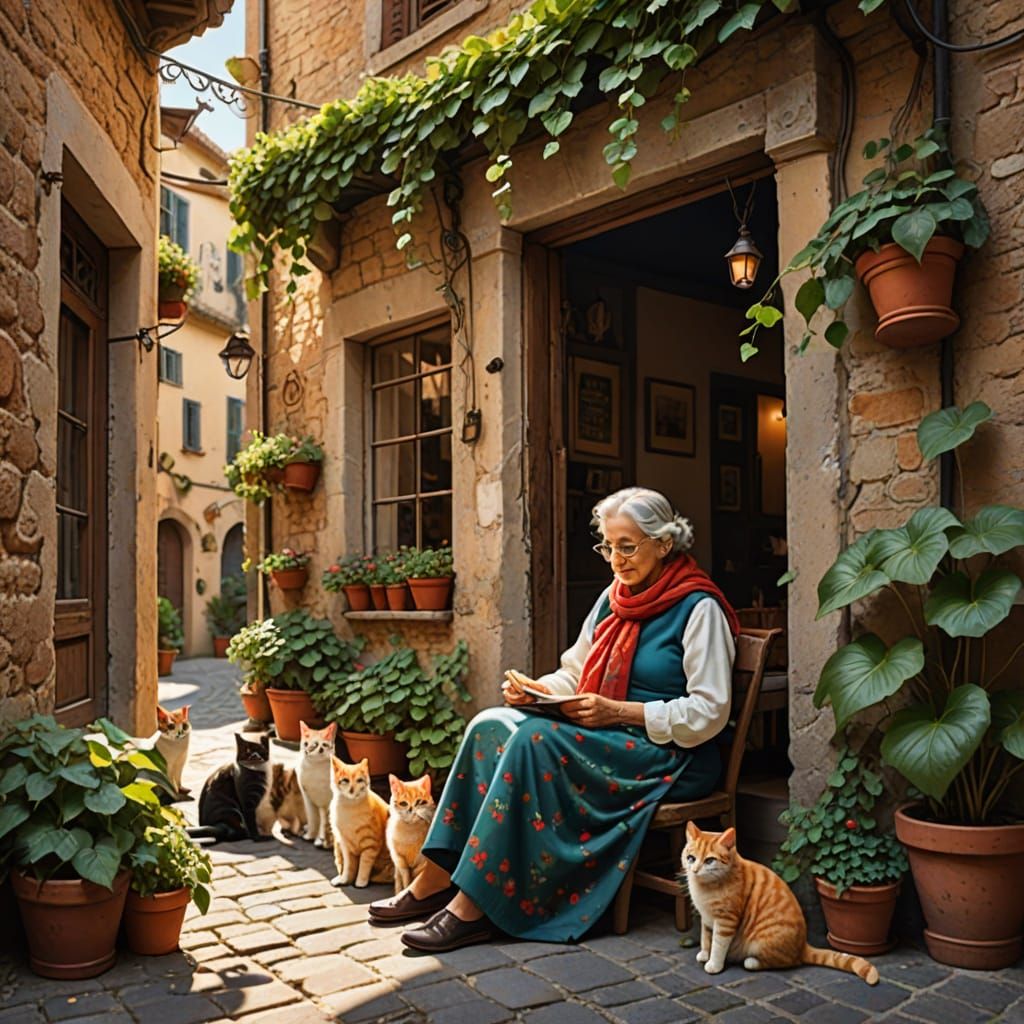 Whimsical Italian Alley Scene with Elderly Woman and Cats