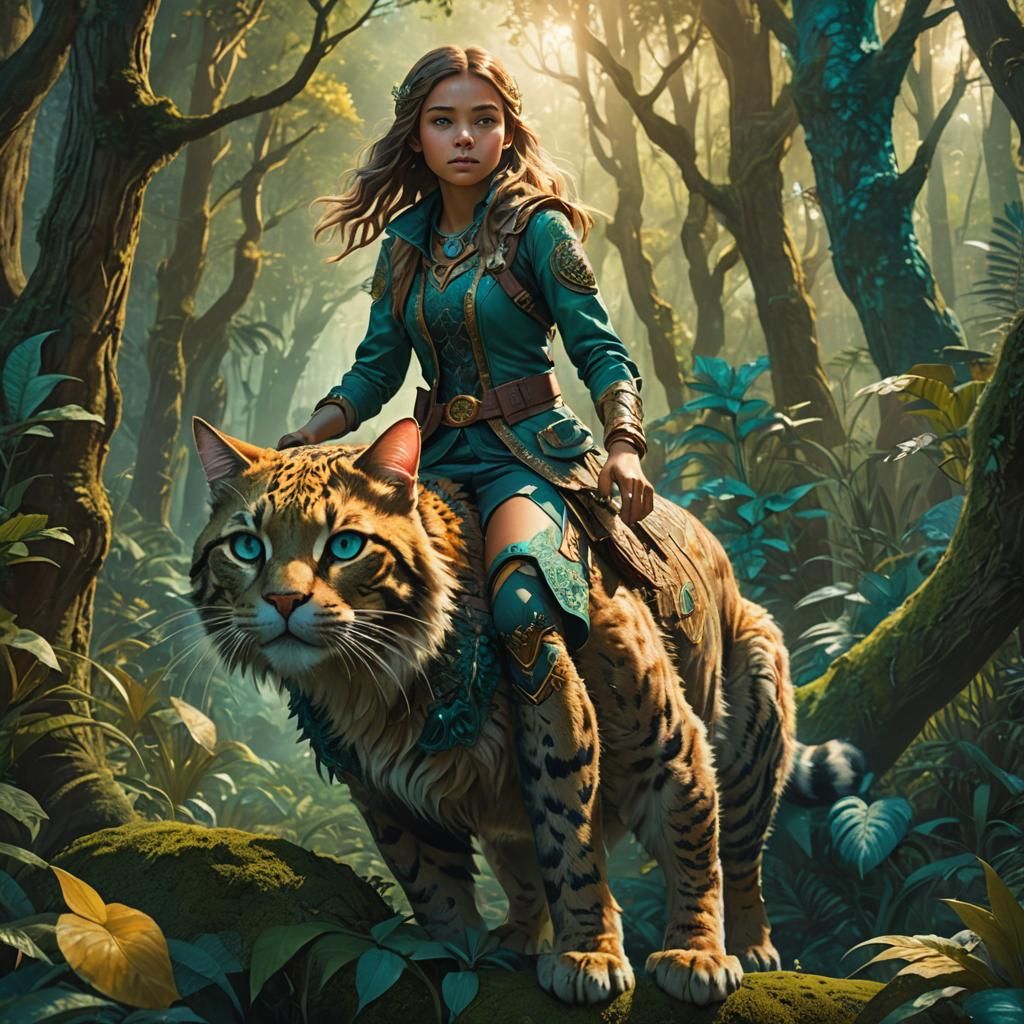 Girl Rides Giant Cat in Lush Forest