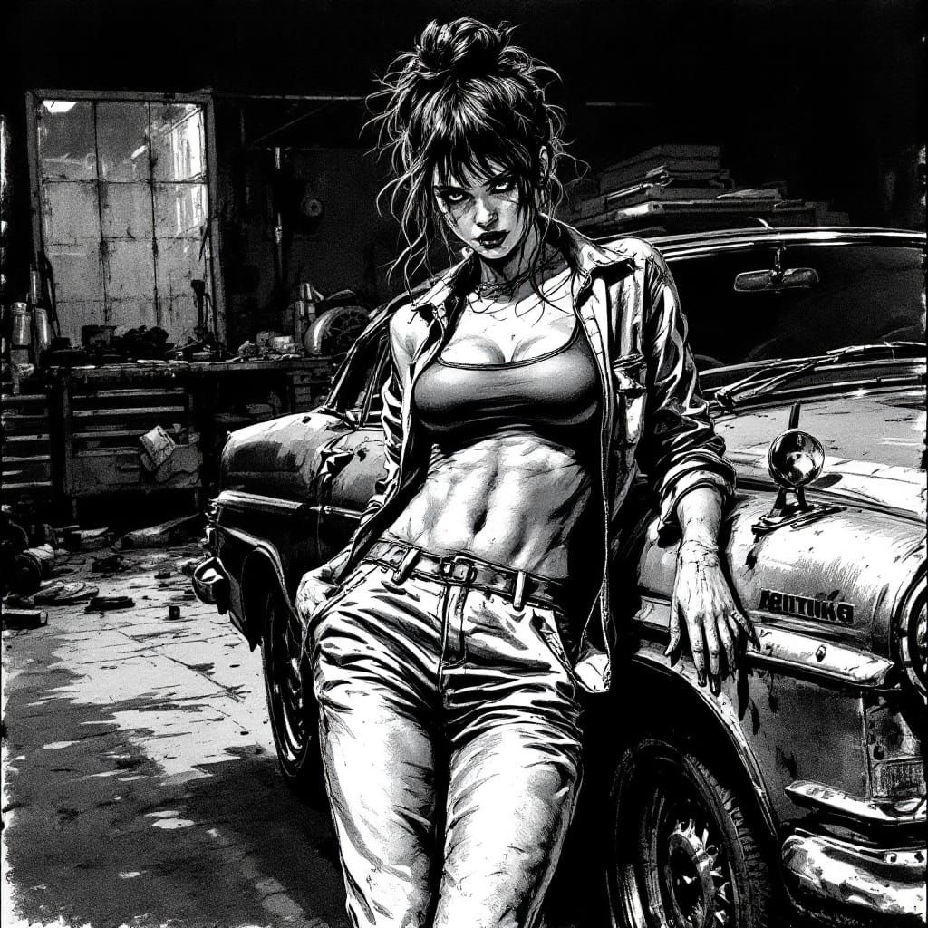 Gritty Garage Scene in Noir Illustration Style