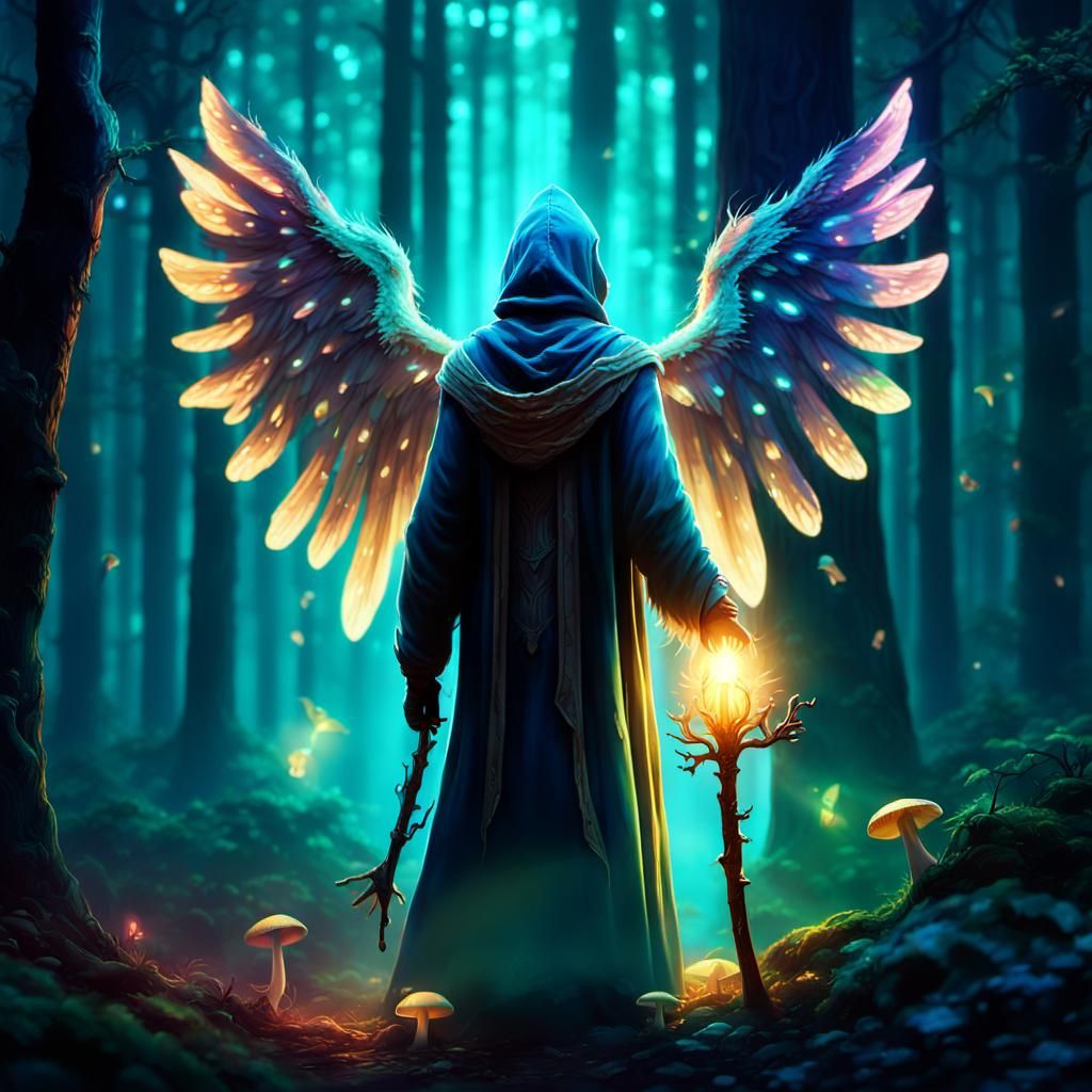 Winged Figure in Mystical Forest Concept Art