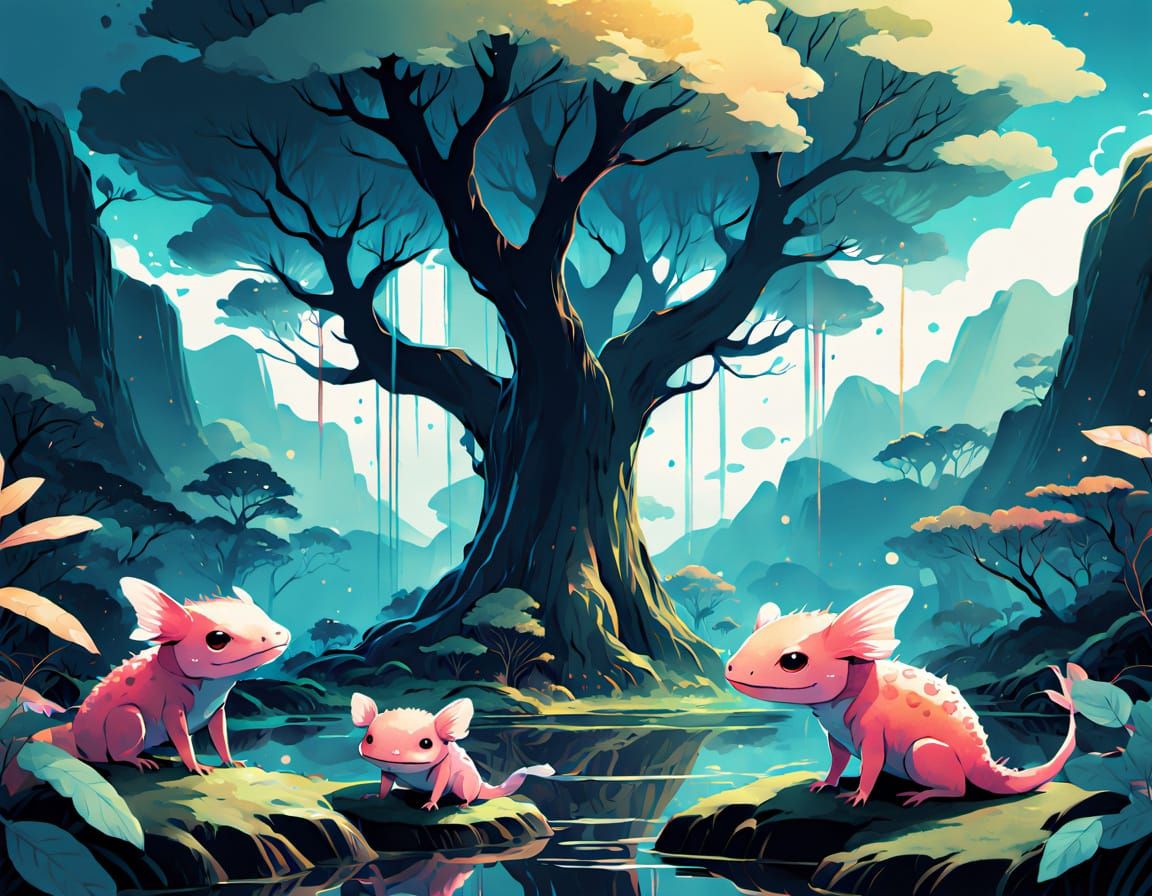 Whimsical Chibi Axolotls in a Serene Forest Watercolor Anime
