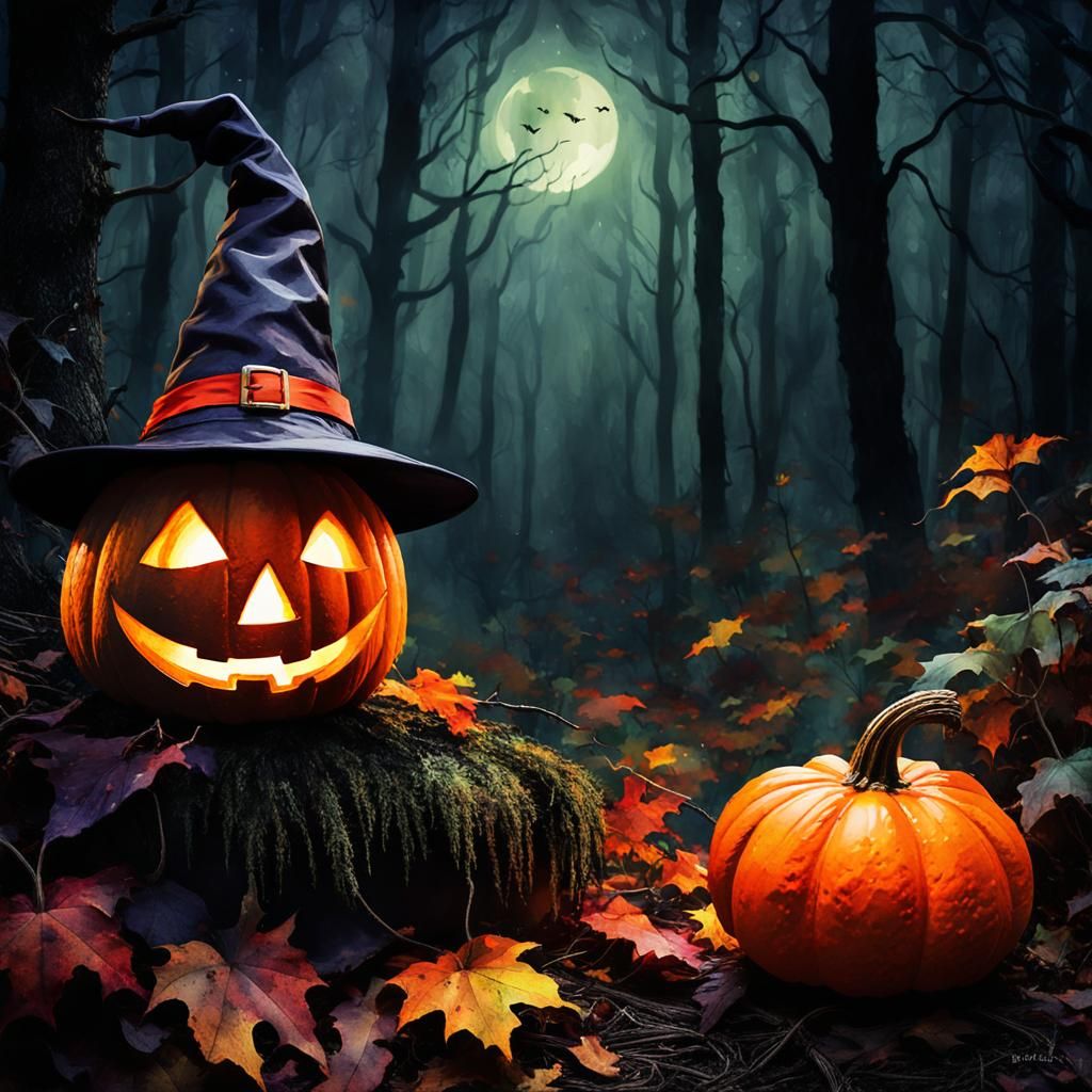 Watercolor Witch Hat and Pumpkin in Forest