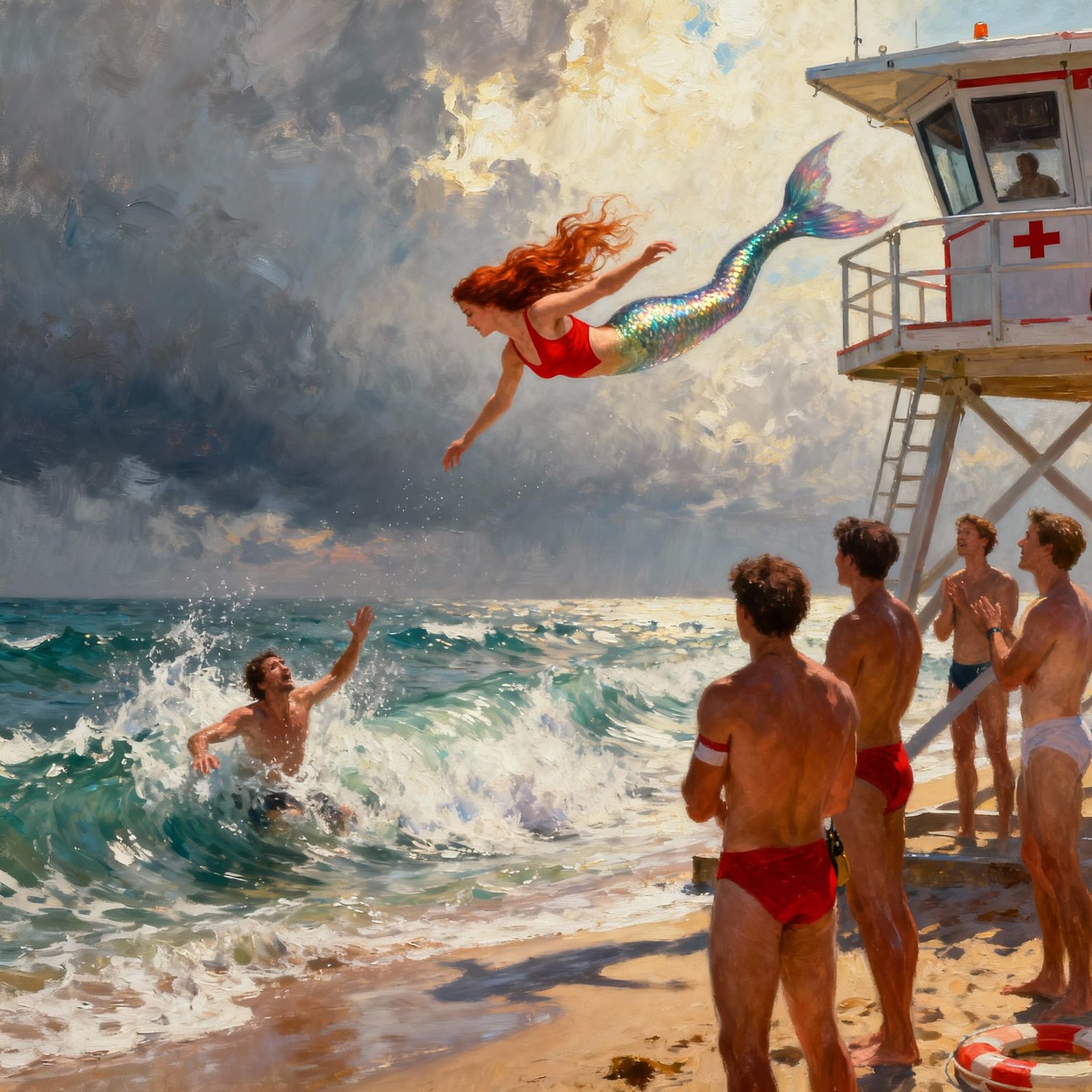 Mermaid Lifeguard Saves Tourist in Dramatic Oil Painting